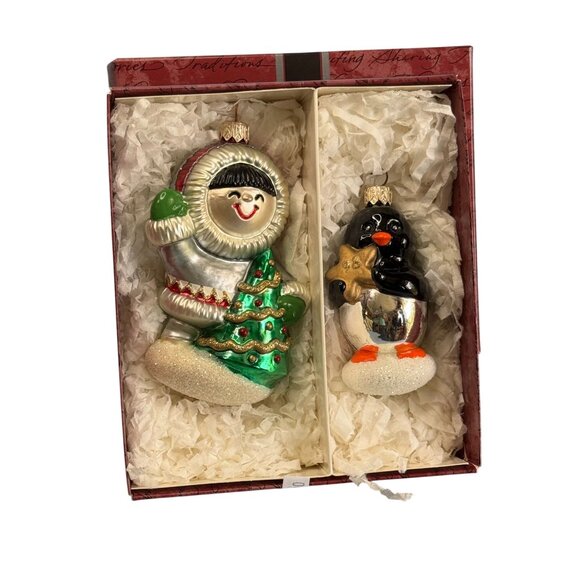 Crown Reflections Blown Glass Frosty Friends Eskimo & Penguin Christmas Ornament - Picture 1 of 8